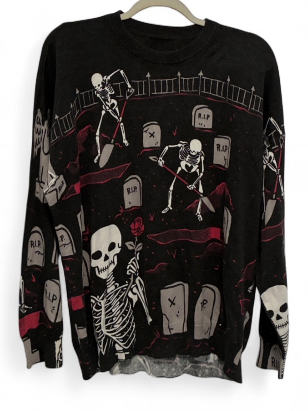 Hot Topic Black Skeleton Graveyard Graphic Crewneck Sweater